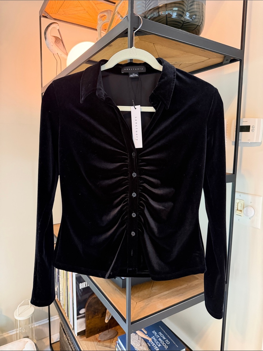 Sanctuary Black Velvet Ruched Button-Front Shirt